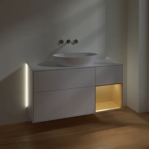 VILLEROY BOCH Finion Waschbeckenunterschrank, mit Beleuchtung, 3 Auszüge, 1200 x 603 x 501 mm, Glossy White Lacquer / Gold Matt Lacquer / Glass White Matt #GA71HFGF, Bild 5