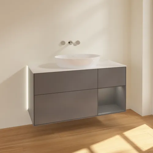 Bild von VILLEROY BOCH Finion Waschbeckenunterschrank, mit Beleuchtung, 3 Auszüge, 1200 x 603 x 501 mm, Anthracite Matt Lacquer / Anthracite Matt Lacquer / Glass White Matt #GA71GKGK