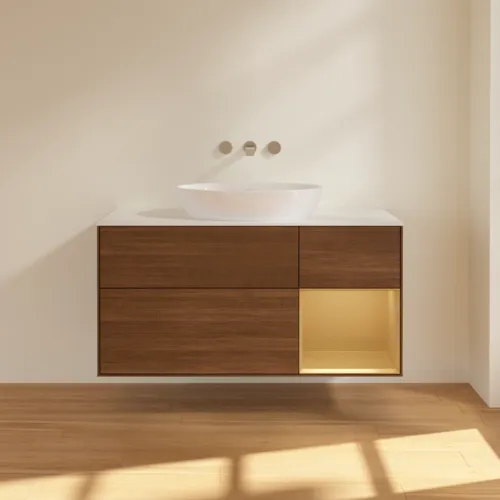 Bild von VILLEROY BOCH Finion Waschbeckenunterschrank, mit Beleuchtung, 3 Auszüge, 1200 x 603 x 501 mm, Walnut Veneer / Gold Matt Lacquer / Glass White Matt #GA71HFGN
