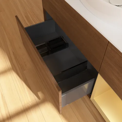 Bild von VILLEROY BOCH Finion Waschbeckenunterschrank, mit Beleuchtung, 3 Auszüge, 1200 x 603 x 501 mm, Walnut Veneer / Gold Matt Lacquer / Glass White Matt #GA71HFGN