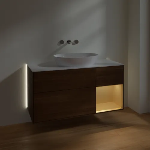 Bild von VILLEROY BOCH Finion Waschbeckenunterschrank, mit Beleuchtung, 3 Auszüge, 1200 x 603 x 501 mm, Walnut Veneer / Gold Matt Lacquer / Glass White Matt #GA71HFGN