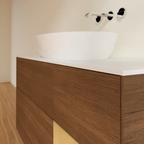 Bild von VILLEROY BOCH Finion Waschbeckenunterschrank, mit Beleuchtung, 3 Auszüge, 1200 x 603 x 501 mm, Walnut Veneer / Gold Matt Lacquer / Glass White Matt #GA71HFGN