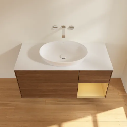 Bild von VILLEROY BOCH Finion Waschbeckenunterschrank, mit Beleuchtung, 3 Auszüge, 1200 x 603 x 501 mm, Walnut Veneer / Gold Matt Lacquer / Glass White Matt #GA71HFGN