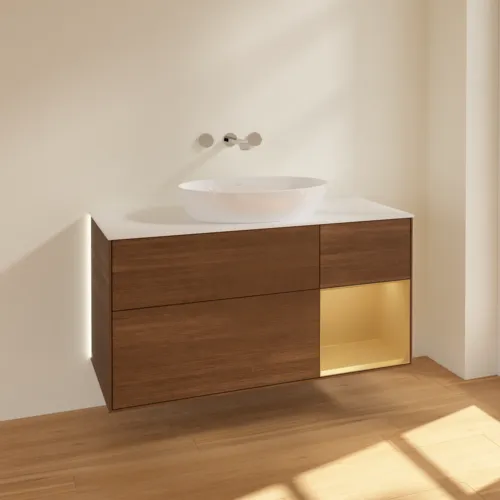 Bild von VILLEROY BOCH Finion Waschbeckenunterschrank, mit Beleuchtung, 3 Auszüge, 1200 x 603 x 501 mm, Walnut Veneer / Gold Matt Lacquer / Glass White Matt #GA71HFGN