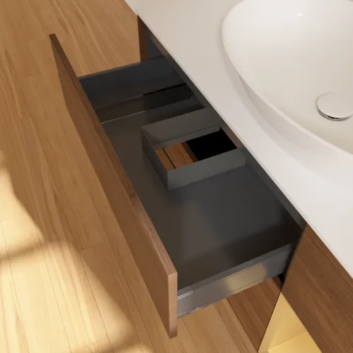 Bild von VILLEROY BOCH Finion Waschbeckenunterschrank, mit Beleuchtung, 3 Auszüge, 1200 x 603 x 501 mm, Walnut Veneer / Gold Matt Lacquer / Glass White Matt #GA71HFGN