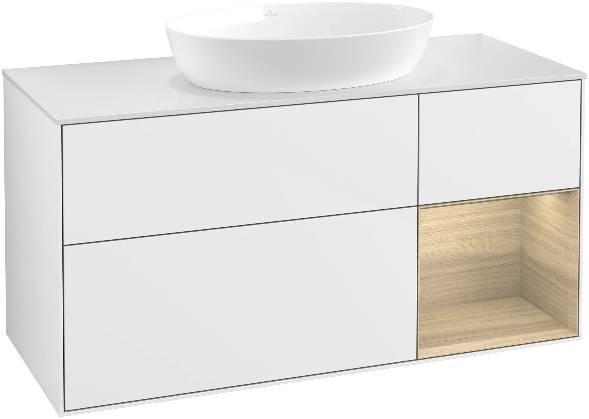 Obrázek VILLEROY BOCH Finion Vanity unit, with lighting, 3 pull-out compartments, 1200 x 603 x 501 mm, Glossy White Lacquer / Oak Veneer / Glass White Matt #GA71PCGF