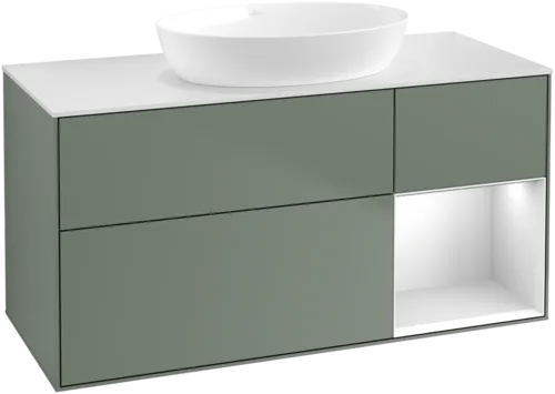 Obrázek VILLEROY BOCH Finion Vanity unit, with lighting, 3 pull-out compartments, 1200 x 603 x 501 mm, Olive Matt Lacquer / White Matt Lacquer / Glass White Matt #GA71MTGM