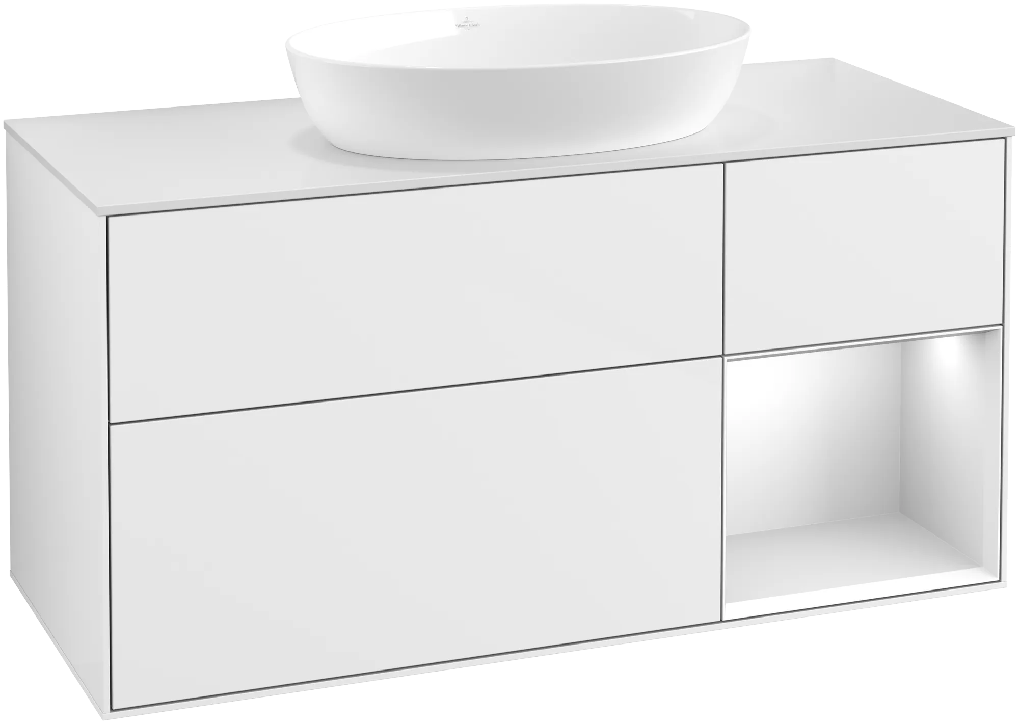 Obrázek VILLEROY BOCH Finion Vanity unit, with lighting, 3 pull-out compartments, 1200 x 603 x 501 mm, Glossy White Lacquer / White Matt Lacquer / Glass White Matt #GA71MTGF