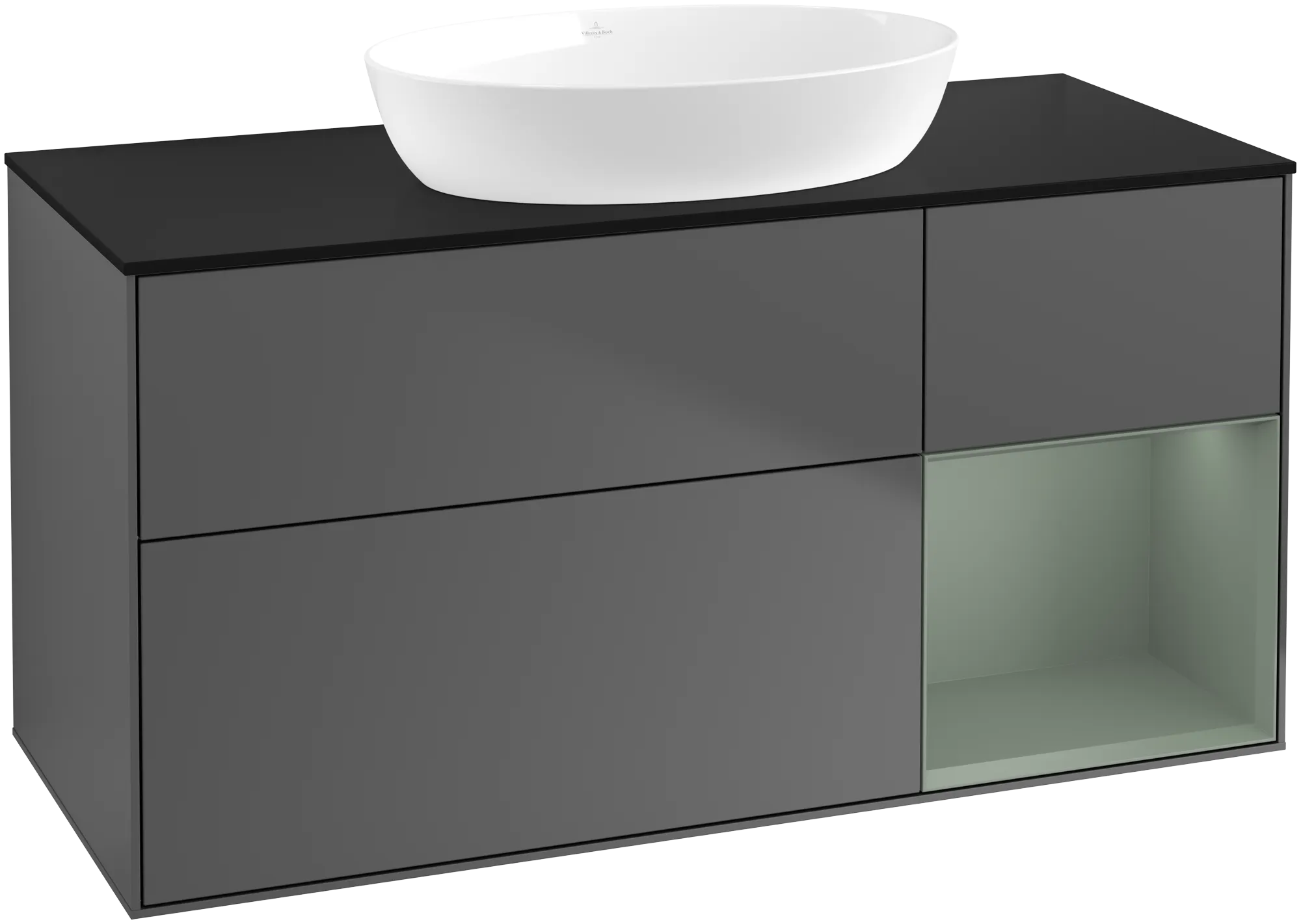 Obrázek VILLEROY BOCH Finion Vanity unit, with lighting, 3 pull-out compartments, 1200 x 603 x 501 mm, Anthracite Matt Lacquer / Olive Matt Lacquer / Glass Black Matt #GA72GMGK