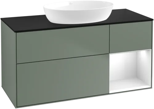 Obrázek VILLEROY BOCH Finion Vanity unit, with lighting, 3 pull-out compartments, 1200 x 603 x 501 mm, Olive Matt Lacquer / Glossy White Lacquer / Glass Black Matt #GA72GFGM