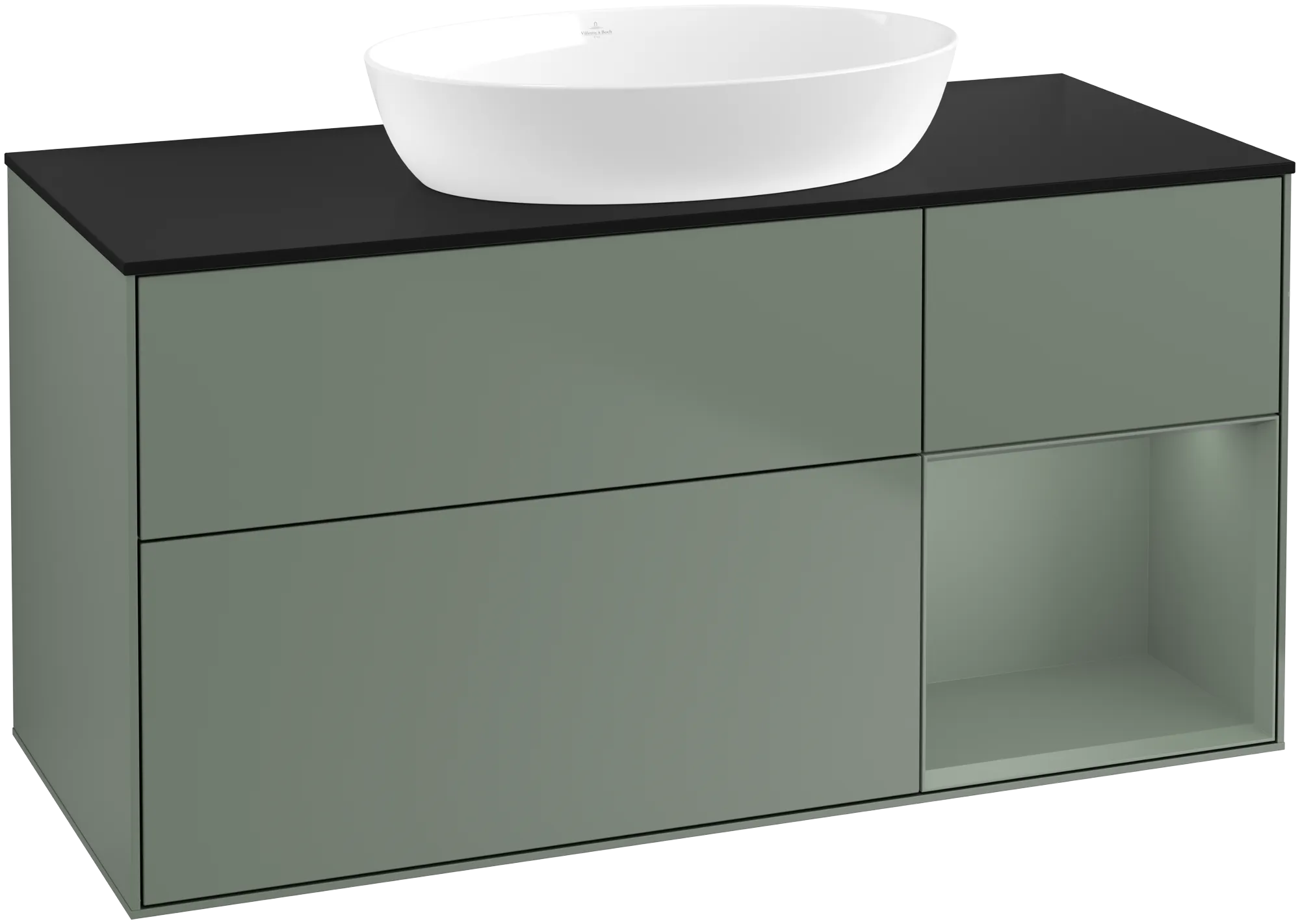 Obrázek VILLEROY BOCH Finion Vanity unit, with lighting, 3 pull-out compartments, 1200 x 603 x 501 mm, Olive Matt Lacquer / Olive Matt Lacquer / Glass Black Matt #GA72GMGM