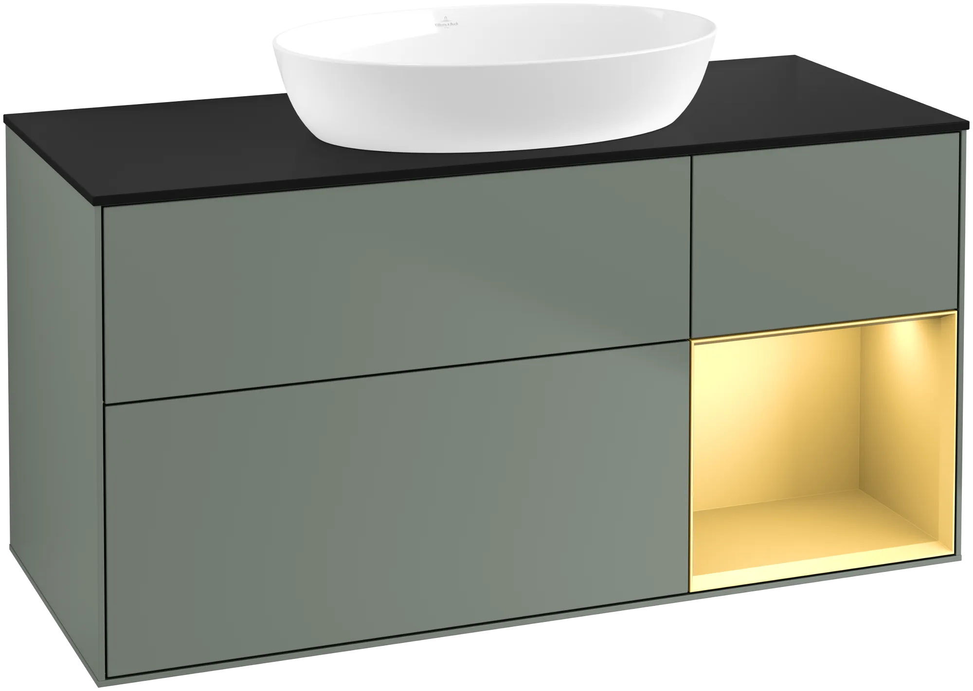 Obrázek VILLEROY BOCH Finion Vanity unit, with lighting, 3 pull-out compartments, 1200 x 603 x 501 mm, Olive Matt Lacquer / Gold Matt Lacquer / Glass Black Matt #GA72HFGM