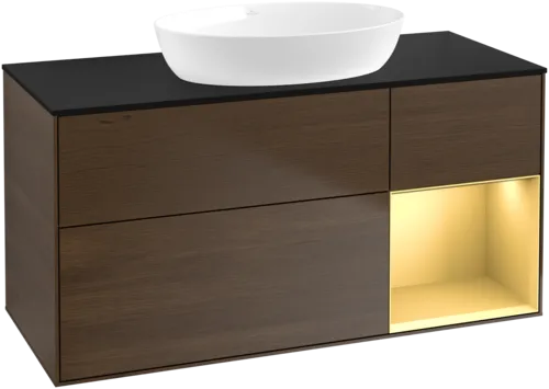 Obrázek VILLEROY BOCH Finion Vanity unit, with lighting, 3 pull-out compartments, 1200 x 603 x 501 mm, Walnut Veneer / Gold Matt Lacquer / Glass Black Matt #GA72HFGN