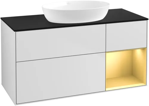 Obrázek VILLEROY BOCH Finion Vanity unit, with lighting, 3 pull-out compartments, 1200 x 603 x 501 mm, White Matt Lacquer / Gold Matt Lacquer / Glass Black Matt #GA72HFMT