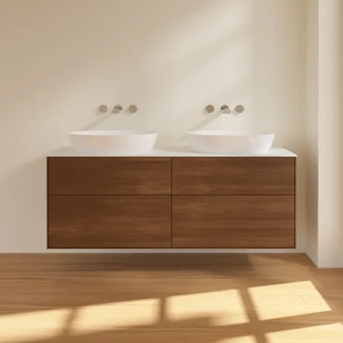 Bild von VILLEROY BOCH Finion Waschbeckenunterschrank, mit Beleuchtung, 4 Auszüge, 1600 x 603 x 501 mm, Walnut Veneer / Glass White Matt #GA8100GN