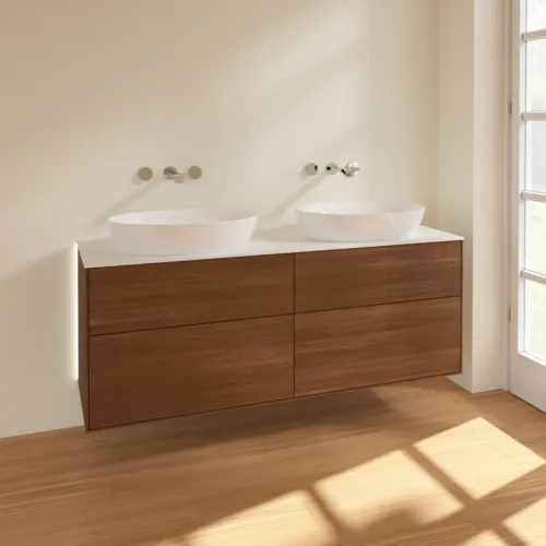 Bild von VILLEROY BOCH Finion Waschbeckenunterschrank, mit Beleuchtung, 4 Auszüge, 1600 x 603 x 501 mm, Walnut Veneer / Glass White Matt #GA8100GN