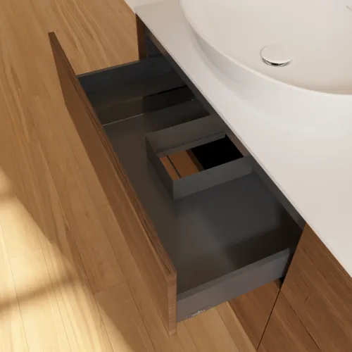Bild von VILLEROY BOCH Finion Waschbeckenunterschrank, mit Beleuchtung, 4 Auszüge, 1600 x 603 x 501 mm, Walnut Veneer / Glass White Matt #GA8100GN