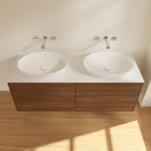 Bild von VILLEROY BOCH Finion Waschbeckenunterschrank, mit Beleuchtung, 4 Auszüge, 1600 x 603 x 501 mm, Walnut Veneer / Glass White Matt #GA8100GN