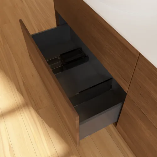 Bild von VILLEROY BOCH Finion Waschbeckenunterschrank, mit Beleuchtung, 4 Auszüge, 1600 x 603 x 501 mm, Walnut Veneer / Glass White Matt #GA8100GN