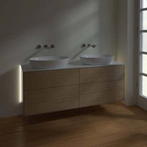 Bild von VILLEROY BOCH Finion Waschbeckenunterschrank, mit Beleuchtung, 4 Auszüge, 1600 x 603 x 501 mm, Oak Veneer / Glass White Matt #GA8100PC