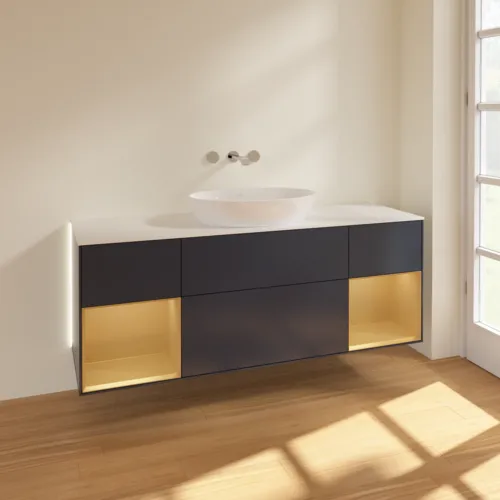 VILLEROY BOCH Finion Waschbeckenunterschrank, mit Beleuchtung, 4 Auszüge, 1600 x 603 x 501 mm, Midnight Blue Matt Lacquer / Gold Matt Lacquer / Glass White Matt #GD01HFHG, Bild 2