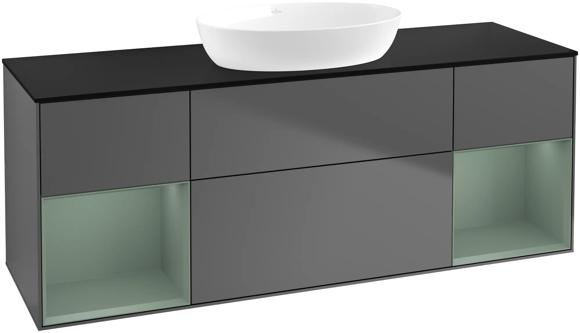 Picture of VILLEROY BOCH Finion Vanity unit, with lighting, 4 pull-out compartments, 1600 x 603 x 501 mm, Anthracite Matt Lacquer / Olive Matt Lacquer / Glass Black Matt #GD02GMGK