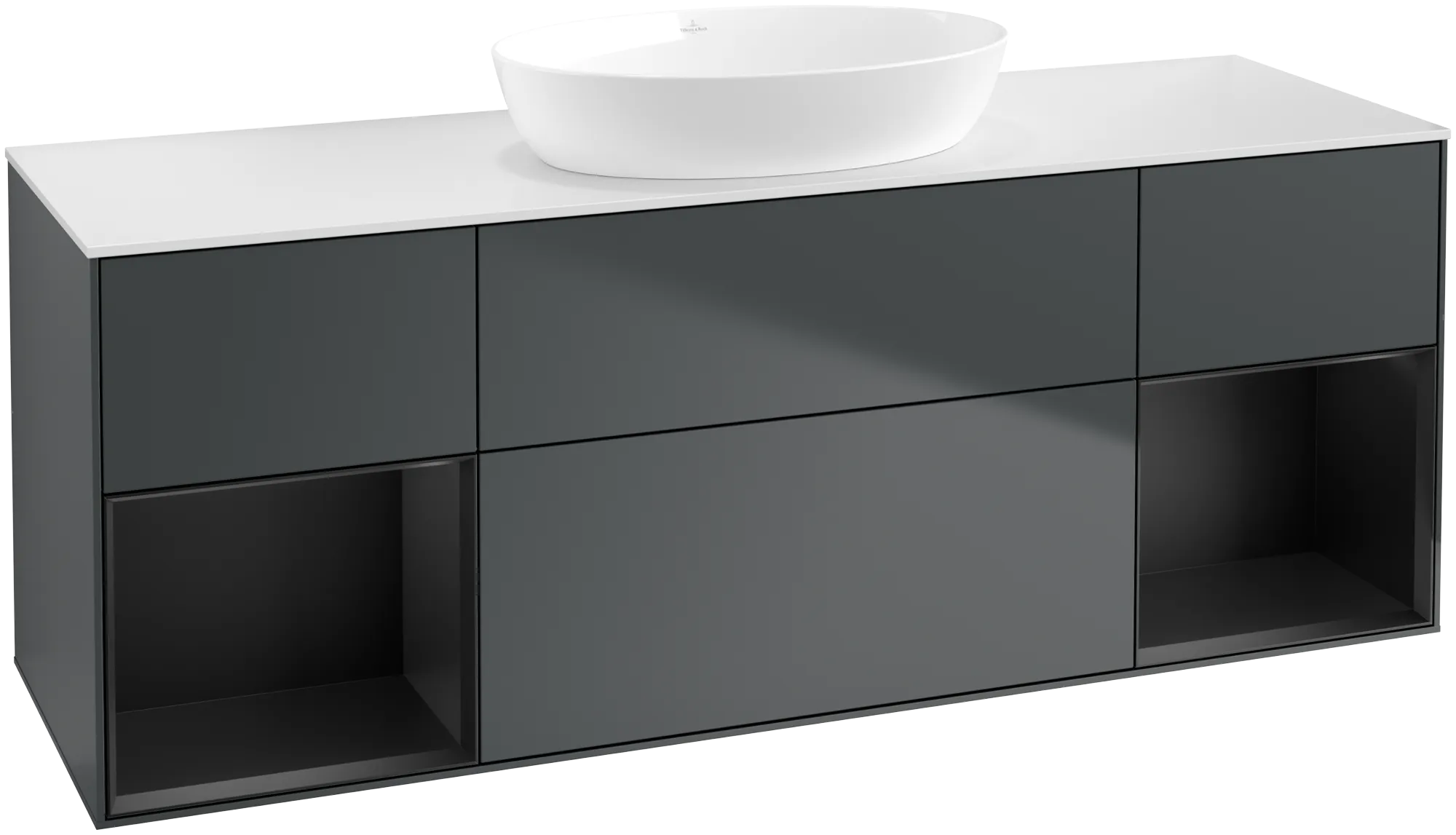 Picture of VILLEROY BOCH Finion Vanity unit, with lighting, 4 pull-out compartments, 1600 x 603 x 501 mm, Midnight Blue Matt Lacquer / Black Matt Lacquer / Glass White Matt #GD01PDHG
