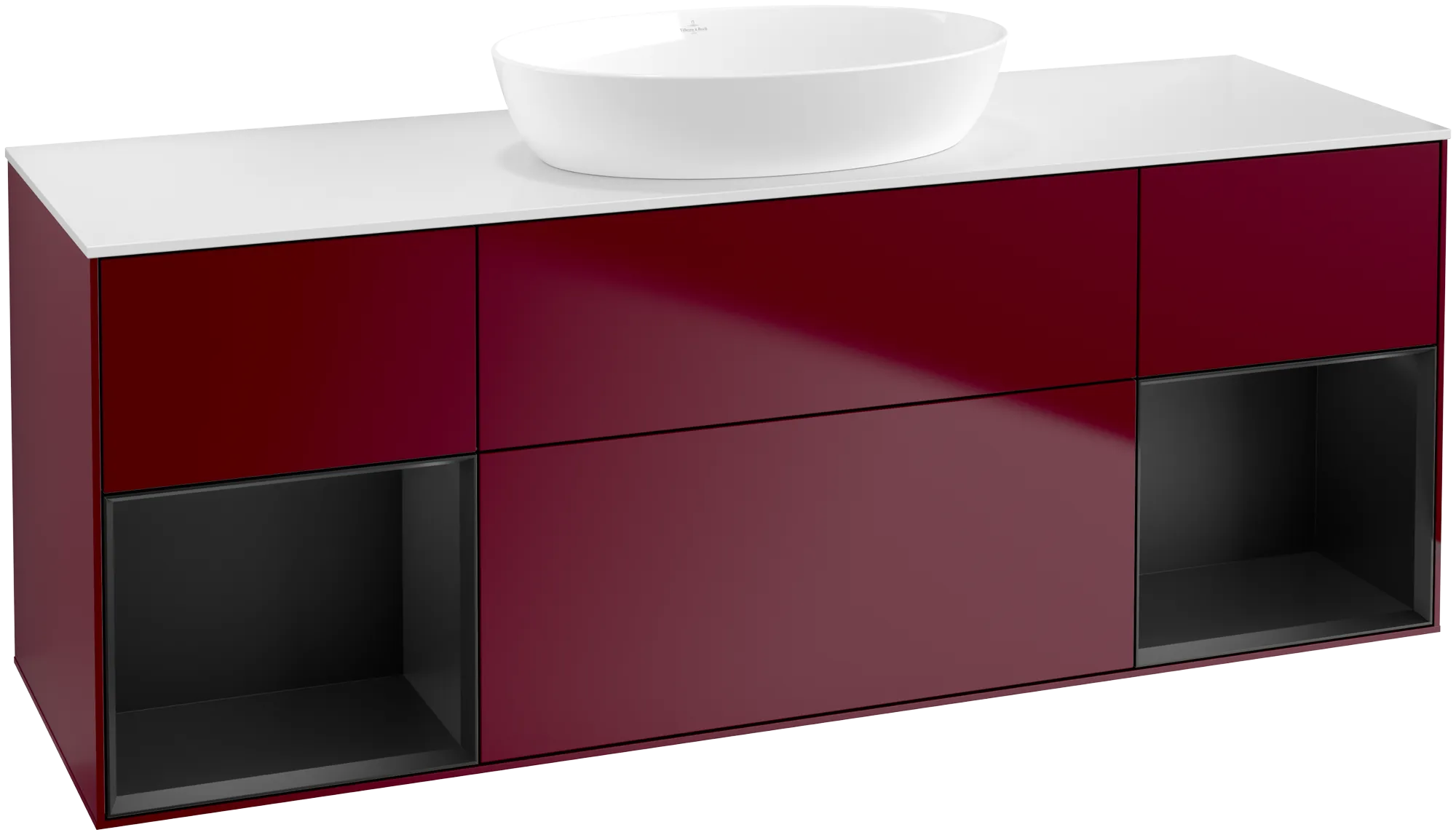 Picture of VILLEROY BOCH Finion Vanity unit, with lighting, 4 pull-out compartments, 1600 x 603 x 501 mm, Peony Matt Lacquer / Black Matt Lacquer / Glass White Matt #GD01PDHB