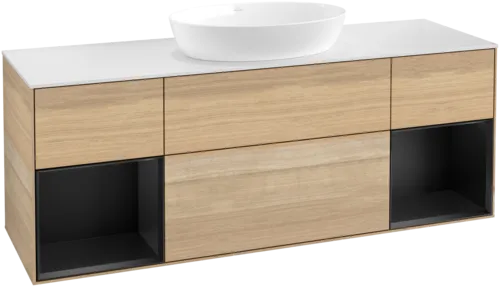 Picture of VILLEROY BOCH Finion Vanity unit, with lighting, 4 pull-out compartments, 1600 x 603 x 501 mm, Oak Veneer / Black Matt Lacquer / Glass White Matt #GD01PDPC