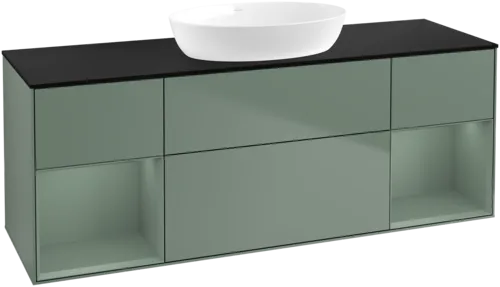 Picture of VILLEROY BOCH Finion Vanity unit, with lighting, 4 pull-out compartments, 1600 x 603 x 501 mm, Olive Matt Lacquer / Olive Matt Lacquer / Glass Black Matt #GD02GMGM