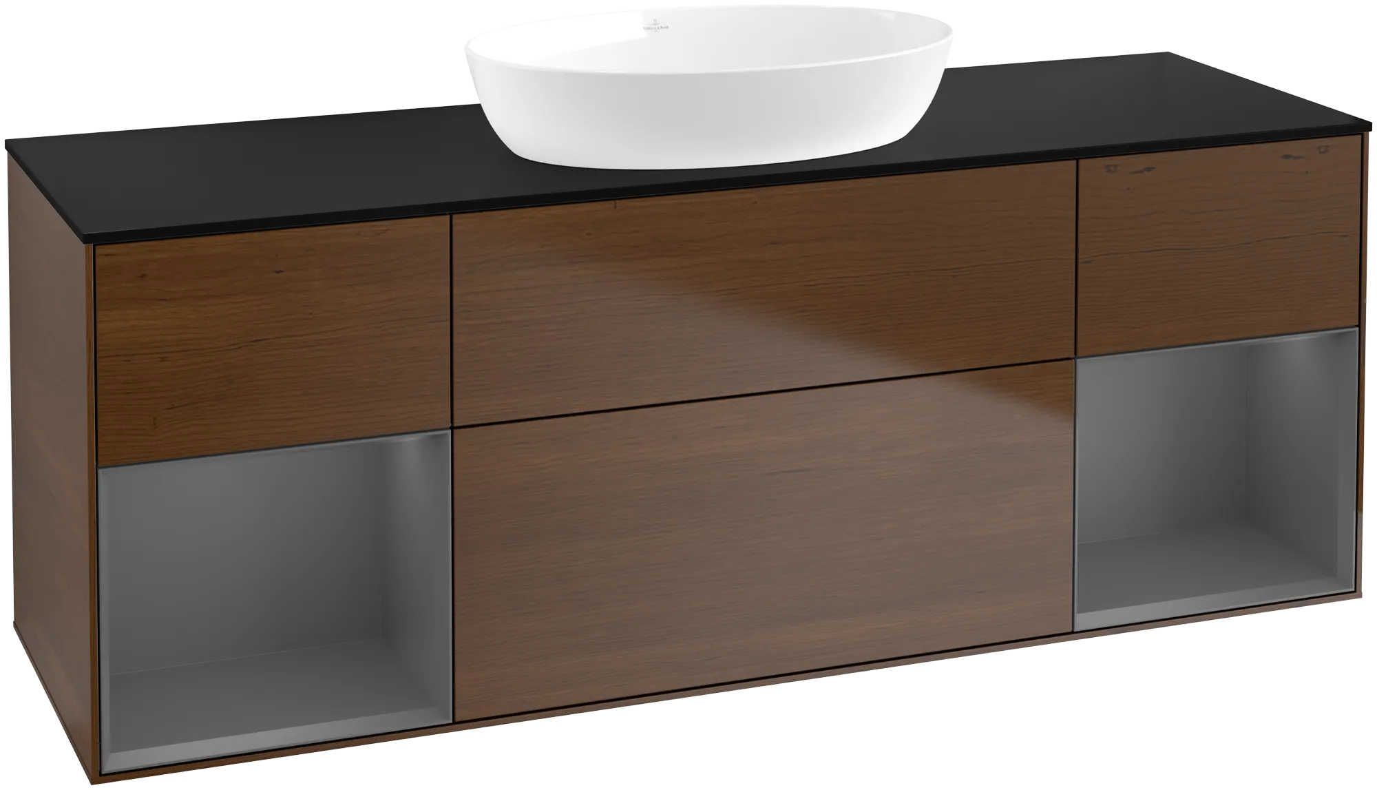 Picture of VILLEROY BOCH Finion Vanity unit, with lighting, 4 pull-out compartments, 1600 x 603 x 501 mm, Walnut Veneer / Anthracite Matt Lacquer / Glass Black Matt #GD02GKGN