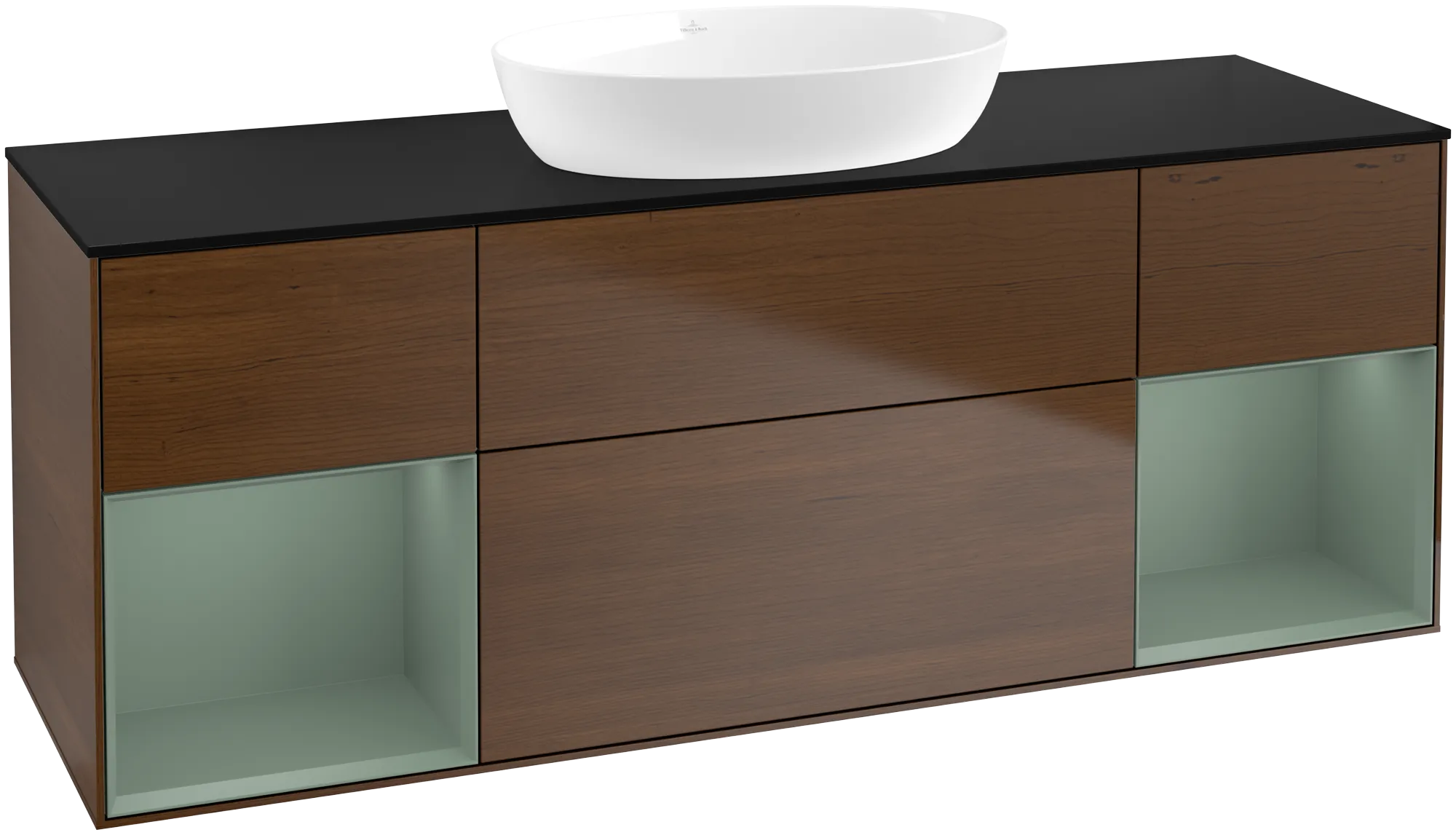 Picture of VILLEROY BOCH Finion Vanity unit, with lighting, 4 pull-out compartments, 1600 x 603 x 501 mm, Walnut Veneer / Olive Matt Lacquer / Glass Black Matt #GD02GMGN