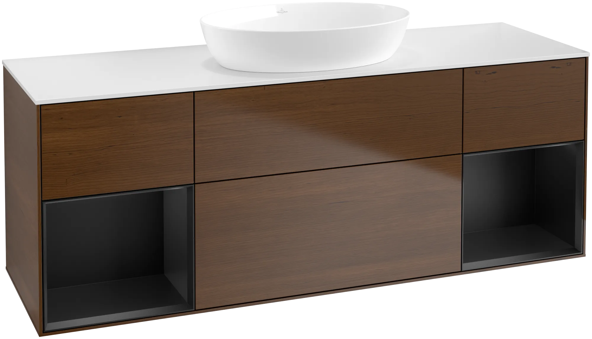 Picture of VILLEROY BOCH Finion Vanity unit, with lighting, 4 pull-out compartments, 1600 x 603 x 501 mm, Walnut Veneer / Black Matt Lacquer / Glass White Matt #GD01PDGN