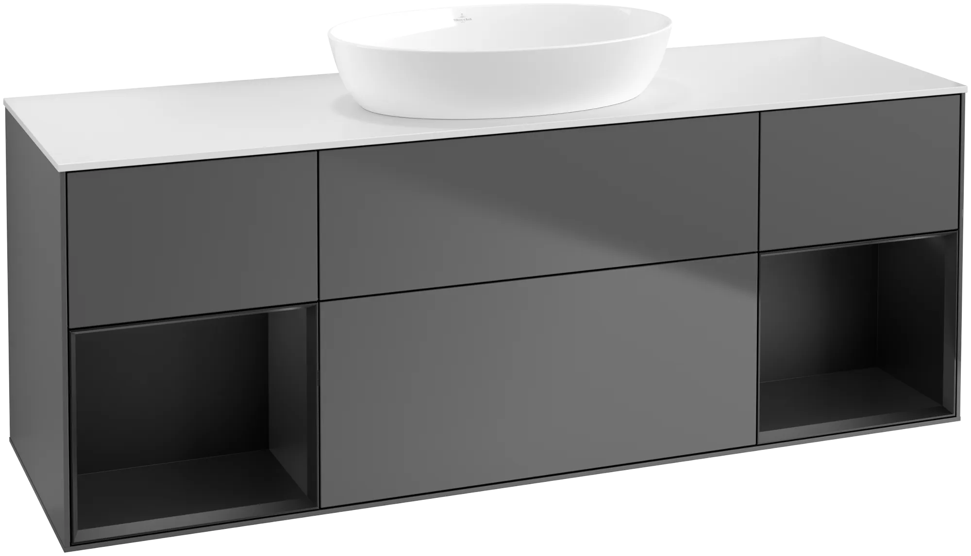 Picture of VILLEROY BOCH Finion Vanity unit, with lighting, 4 pull-out compartments, 1600 x 603 x 501 mm, Anthracite Matt Lacquer / Black Matt Lacquer / Glass White Matt #GD01PDGK