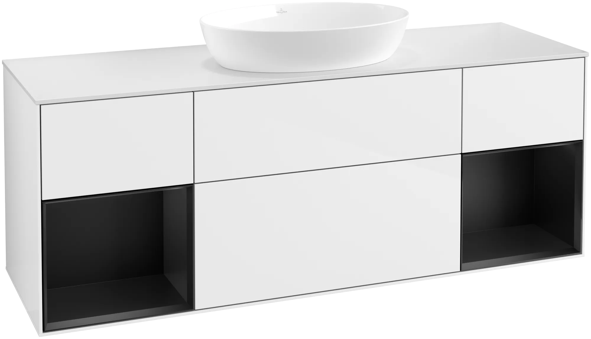 Picture of VILLEROY BOCH Finion Vanity unit, with lighting, 4 pull-out compartments, 1600 x 603 x 501 mm, Glossy White Lacquer / Black Matt Lacquer / Glass White Matt #GD01PDGF