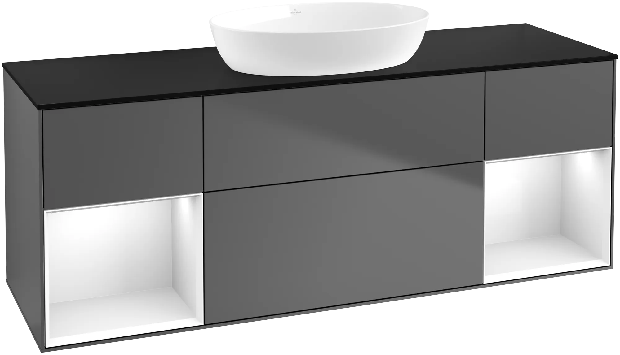 Picture of VILLEROY BOCH Finion Vanity unit, with lighting, 4 pull-out compartments, 1600 x 603 x 501 mm, Anthracite Matt Lacquer / Glossy White Lacquer / Glass Black Matt #GD02GFGK