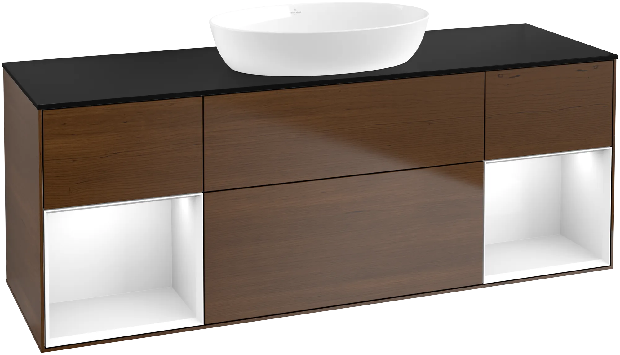 Picture of VILLEROY BOCH Finion Vanity unit, with lighting, 4 pull-out compartments, 1600 x 603 x 501 mm, Walnut Veneer / Glossy White Lacquer / Glass Black Matt #GD02GFGN