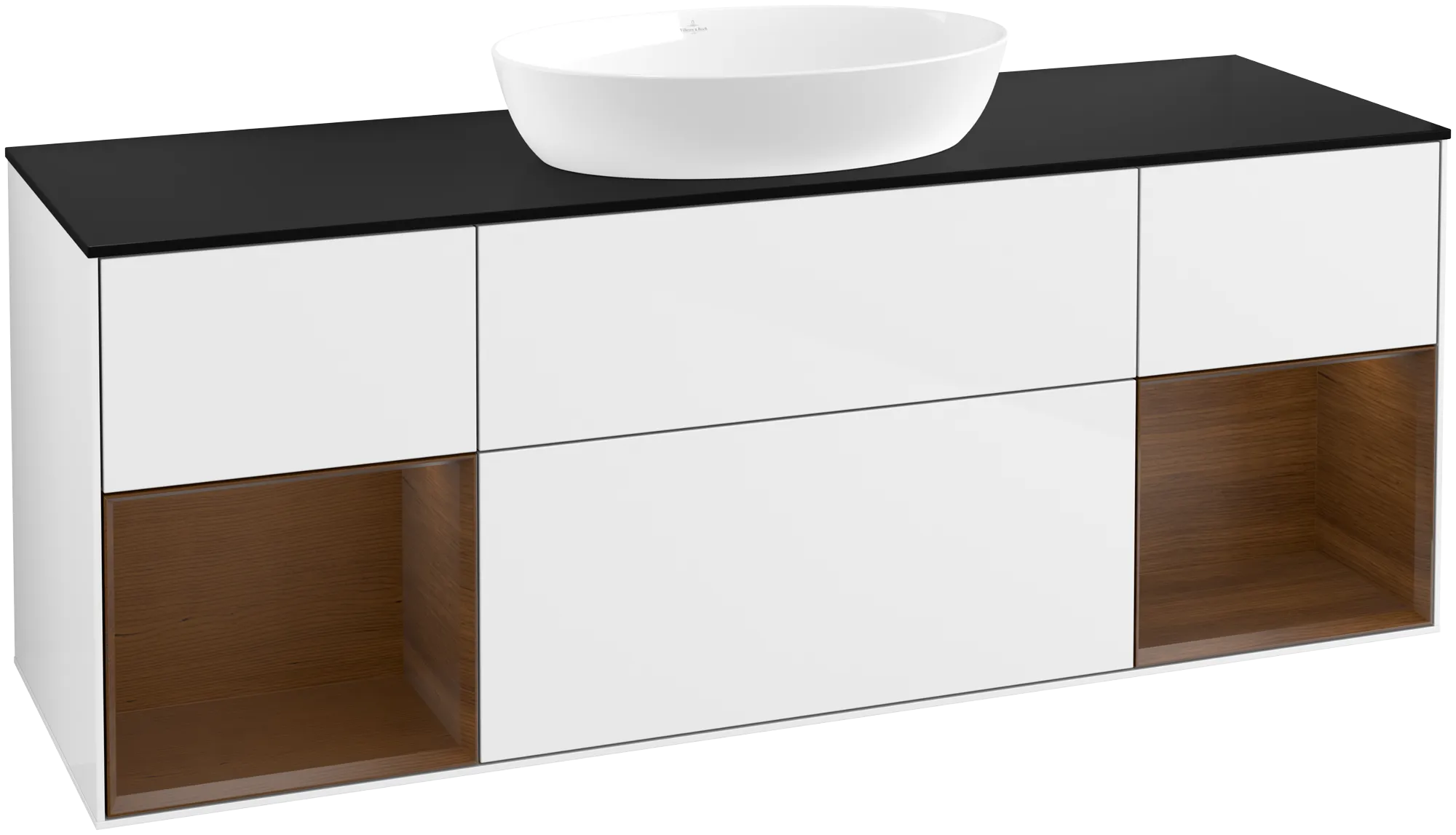 Picture of VILLEROY BOCH Finion Vanity unit, with lighting, 4 pull-out compartments, 1600 x 603 x 501 mm, Glossy White Lacquer / Walnut Veneer / Glass Black Matt #GD02GNGF