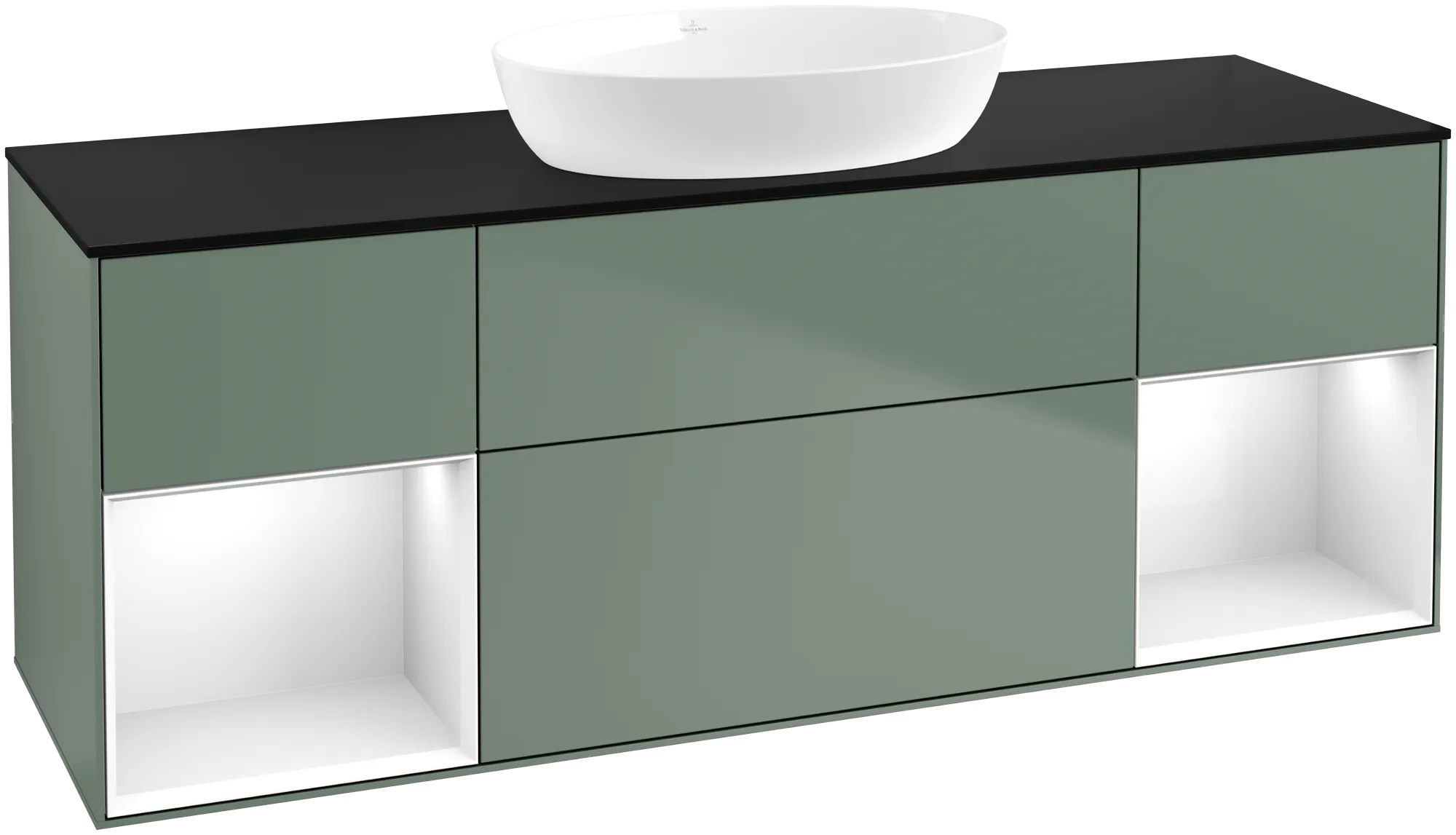 Picture of VILLEROY BOCH Finion Vanity unit, with lighting, 4 pull-out compartments, 1600 x 603 x 501 mm, Olive Matt Lacquer / Glossy White Lacquer / Glass Black Matt #GD02GFGM