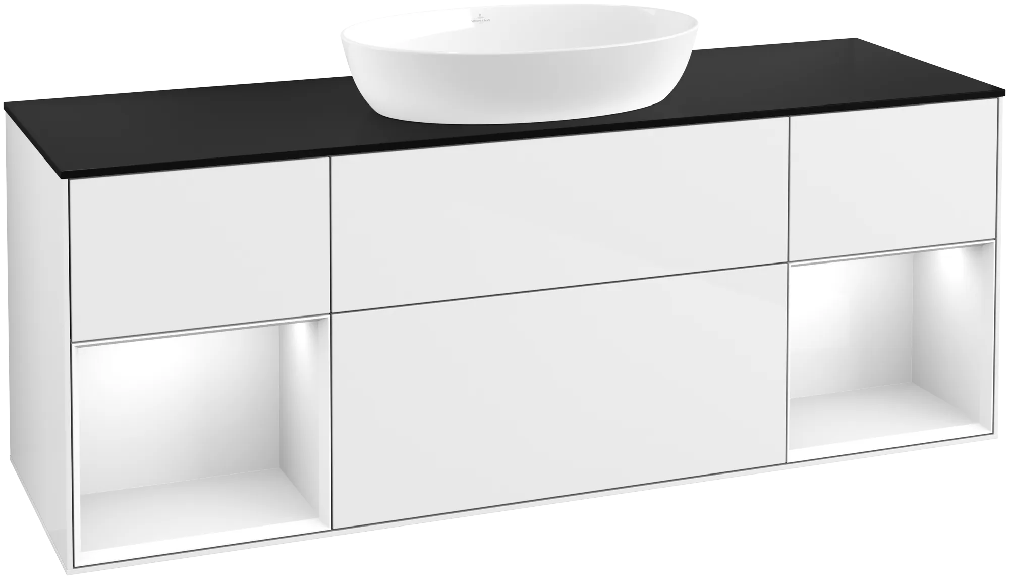 Picture of VILLEROY BOCH Finion Vanity unit, with lighting, 4 pull-out compartments, 1600 x 603 x 501 mm, Glossy White Lacquer / Glossy White Lacquer / Glass Black Matt #GD02GFGF