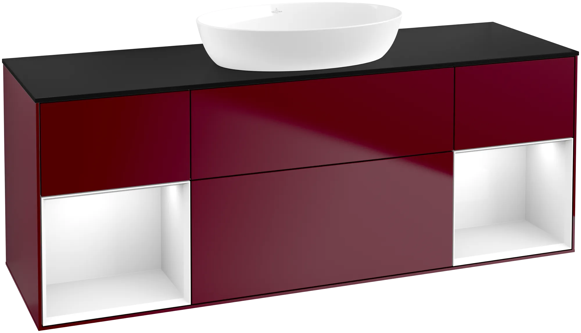 Picture of VILLEROY BOCH Finion Vanity unit, with lighting, 4 pull-out compartments, 1600 x 603 x 501 mm, Peony Matt Lacquer / Glossy White Lacquer / Glass Black Matt #GD02GFHB