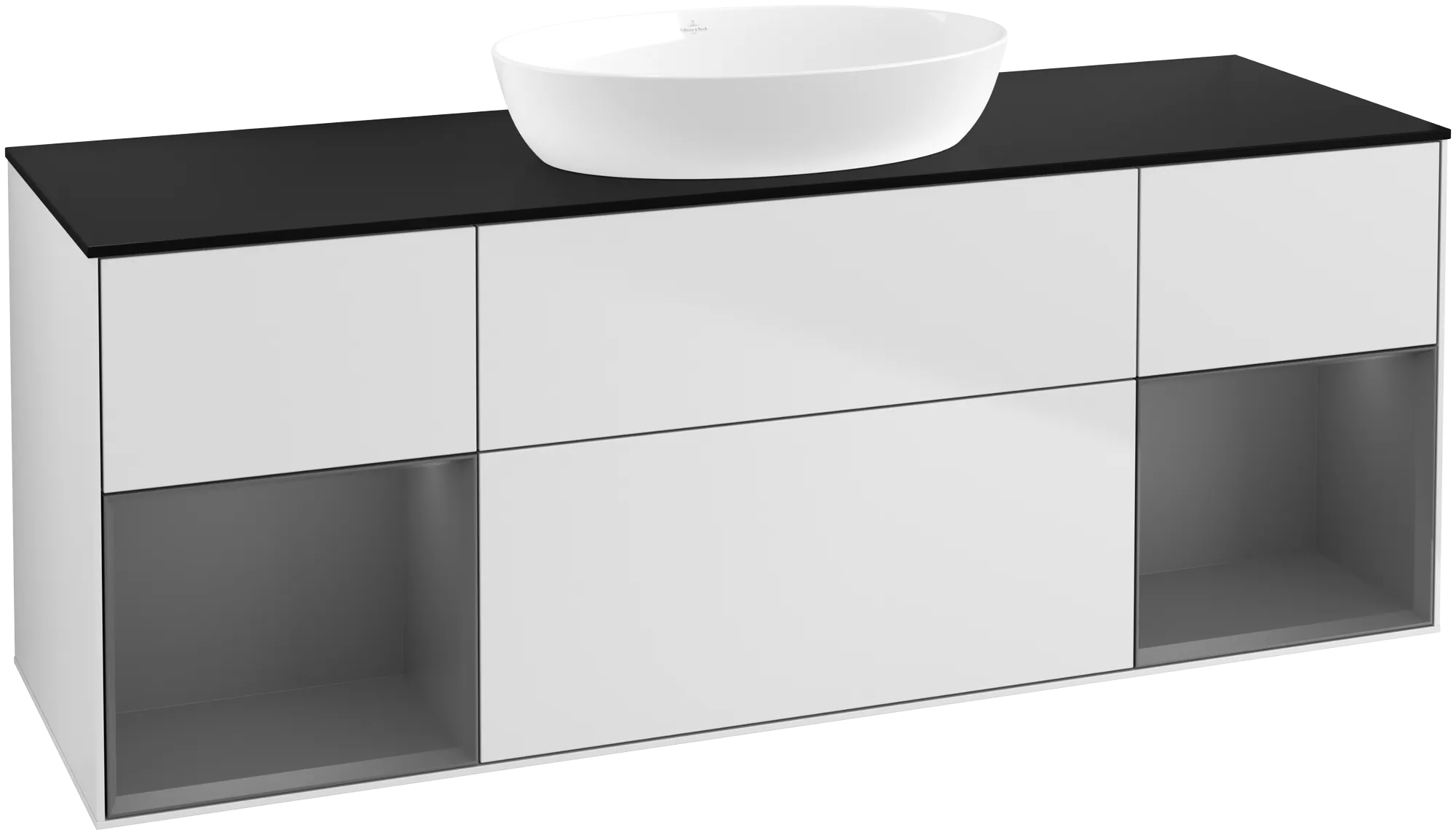 Picture of VILLEROY BOCH Finion Vanity unit, with lighting, 4 pull-out compartments, 1600 x 603 x 501 mm, White Matt Lacquer / Anthracite Matt Lacquer / Glass Black Matt #GD02GKMT