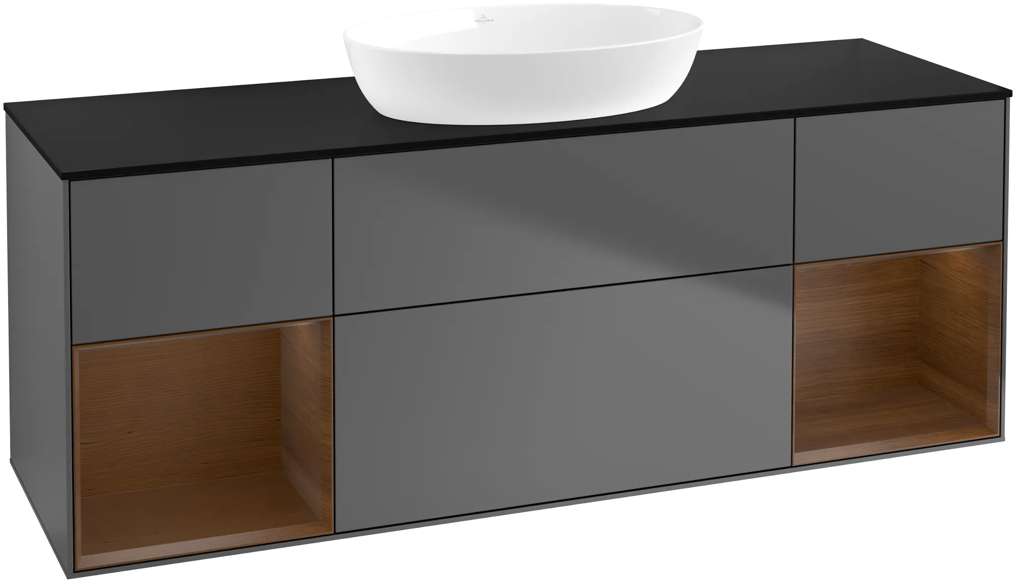Picture of VILLEROY BOCH Finion Vanity unit, with lighting, 4 pull-out compartments, 1600 x 603 x 501 mm, Anthracite Matt Lacquer / Walnut Veneer / Glass Black Matt #GD02GNGK
