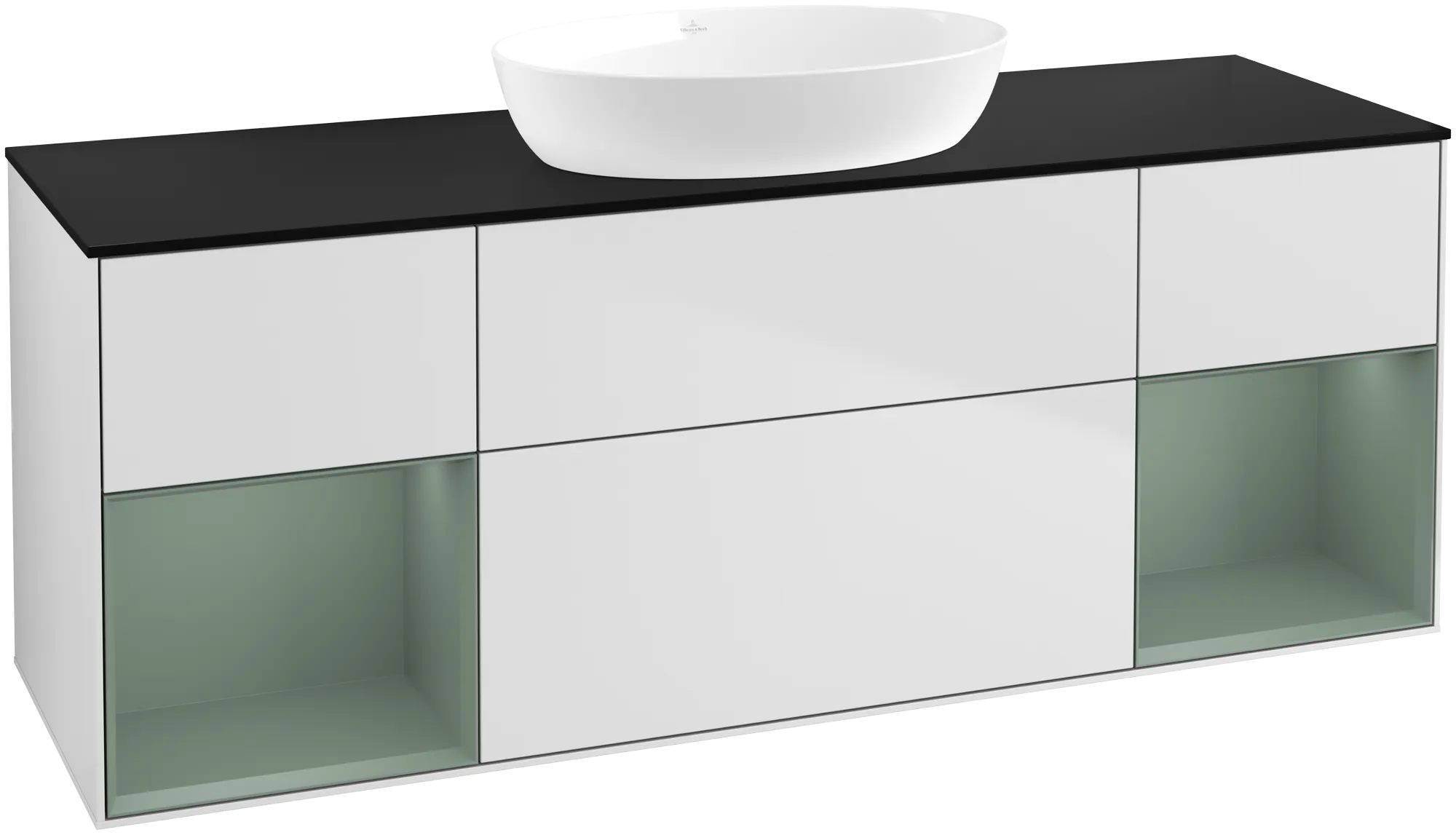 Picture of VILLEROY BOCH Finion Vanity unit, with lighting, 4 pull-out compartments, 1600 x 603 x 501 mm, White Matt Lacquer / Olive Matt Lacquer / Glass Black Matt #GD02GMMT