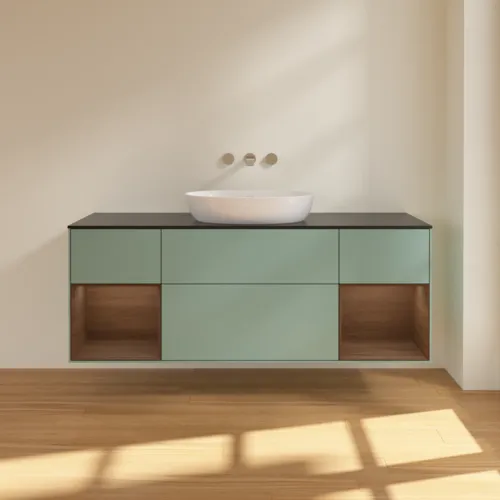 VILLEROY BOCH Finion Waschbeckenunterschrank, mit Beleuchtung, 4 Auszüge, 1600 x 603 x 501 mm, Olive Matt Lacquer / Walnut Veneer / Glass Black Matt #GD02GNGM, Bild 3