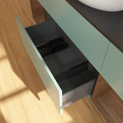 VILLEROY BOCH Finion Waschbeckenunterschrank, mit Beleuchtung, 4 Auszüge, 1600 x 603 x 501 mm, Olive Matt Lacquer / Walnut Veneer / Glass Black Matt #GD02GNGM, Bild 7