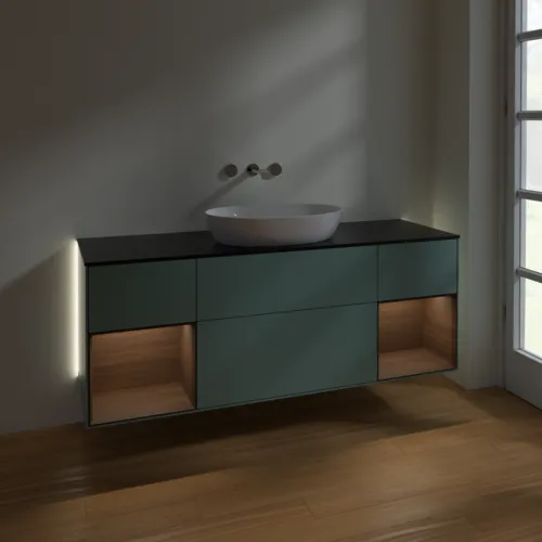 VILLEROY BOCH Finion Waschbeckenunterschrank, mit Beleuchtung, 4 Auszüge, 1600 x 603 x 501 mm, Olive Matt Lacquer / Walnut Veneer / Glass Black Matt #GD02GNGM, Bild 5