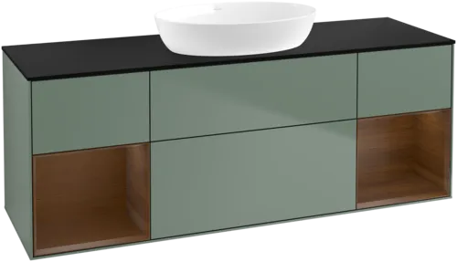 Picture of VILLEROY BOCH Finion Vanity unit, with lighting, 4 pull-out compartments, 1600 x 603 x 501 mm, Olive Matt Lacquer / Walnut Veneer / Glass Black Matt #GD02GNGM