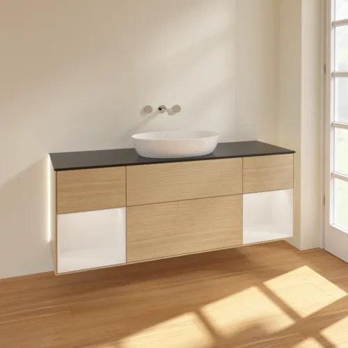 Bild von VILLEROY BOCH Finion Waschbeckenunterschrank, mit Beleuchtung, 4 Auszüge, 1600 x 603 x 501 mm, Oak Veneer / Glossy White Lacquer / Glass Black Matt #GD02GFPC