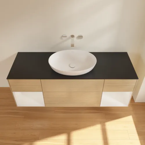 Bild von VILLEROY BOCH Finion Waschbeckenunterschrank, mit Beleuchtung, 4 Auszüge, 1600 x 603 x 501 mm, Oak Veneer / Glossy White Lacquer / Glass Black Matt #GD02GFPC